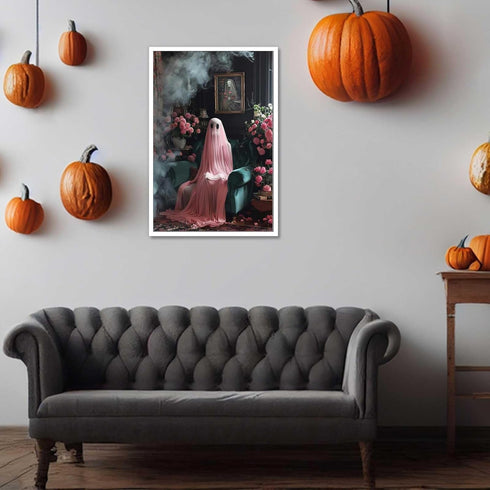 ADRHGCY Retro Pink Ghost Posters, Cute Horror Scary Wall Art, Ghost Figure Sitting on Weeds, 12x16in Unframed