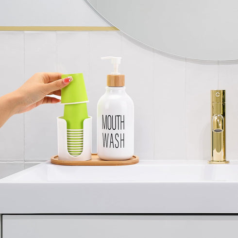 17oz Mouthwash Dispenser with Cup Holder, Plastic White Mouth Wash Pump Bottle with Tray for Bathroom Organizers