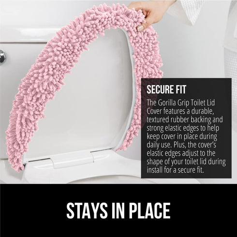 GORILLA GRIP Soft Chenille Bathroom Toilet Lid Cover - Machine Washable, Light Pink, Fits Most Lids, 19.5x18.5