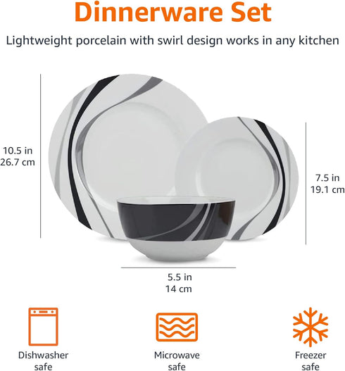 18-Piece Set, 6, Amazon Basics Complete Kitchen Dinnerware Microwave and Dishwasher Safe, Plates, Dishes, Bowls, Swirl