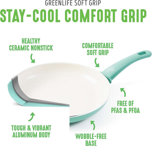GreenLife Soft Grip Healthy Ceramic Nonstick Frying Pan Skillet, 8", PFAS-Free, Dishwasher Safe, Turquoise