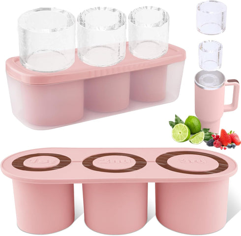 Fu Store Ice Cube Tray for Stanley Cup 30-40 oz Tumbler, 3pcs Silicone Molds with Lid and Bin (Pink, 40 oz)