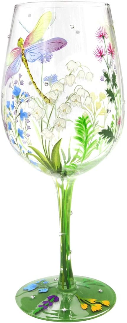 NymphFable Hand Painted 15 oz Wine Glass, Colorful Dragonfly Flower Artisan Gift for Birthdays, Weddings, Valentine's