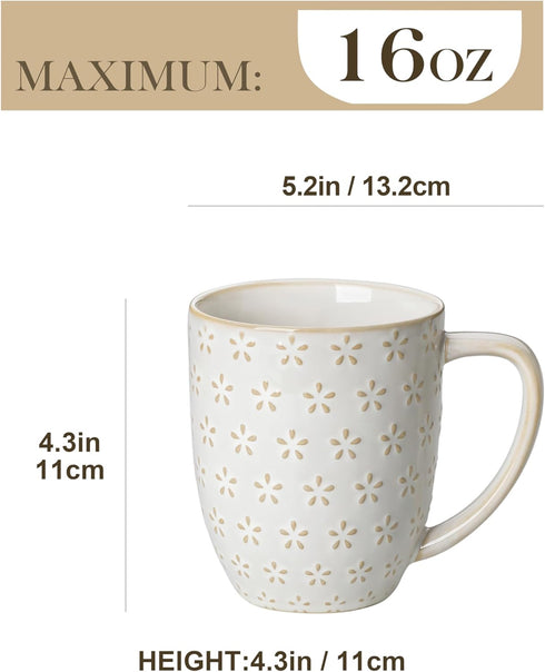 16 OZ Set 4 Set, MALACASA LYDIA Coffee Mugs, Ceramic Mugs of with Handle, Embossment Cups for Latte, Hot Tea
