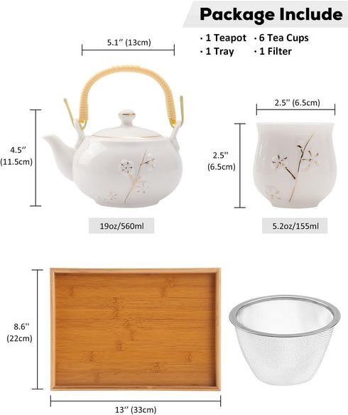Set, Set 1 Set, 6 1 1 Sets Dujust Japanese Tea White Porcelain Tea with Teapot Tea Cups, Tea Tray, Stainless Infuser