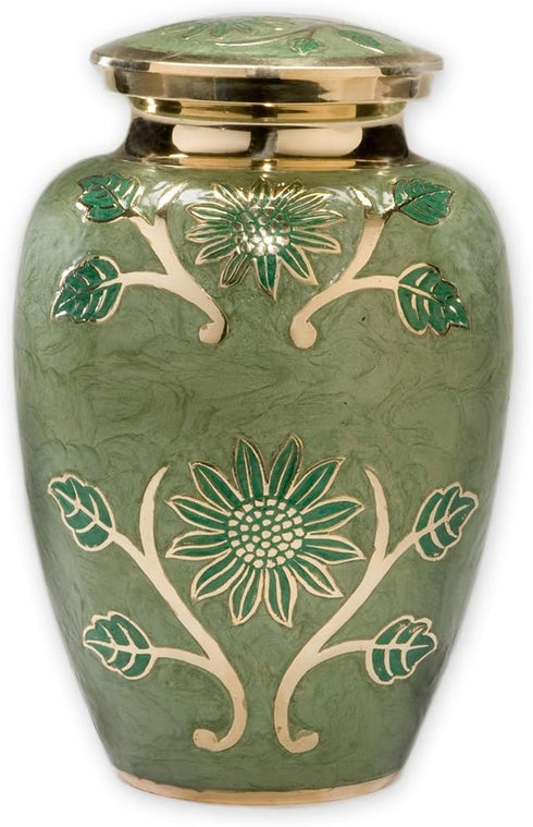 Large Green Garden Brass Cremation Urn | Unique Funeral Urn with Gold & Green Enamel Details