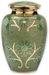 Large Green Garden Brass Cremation Urn | Unique Funeral Urn with Gold & Green Enamel Details