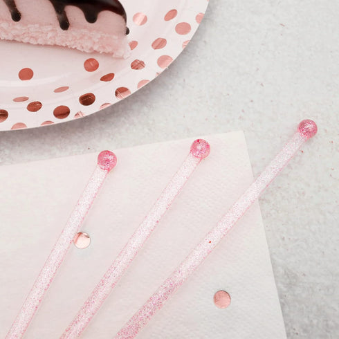 100-PCS Pink Glitter Plastic Swizzle Sticks, Cocktail Coffee Drink Stirrers for Valentines Day Christmas Party, 7.24