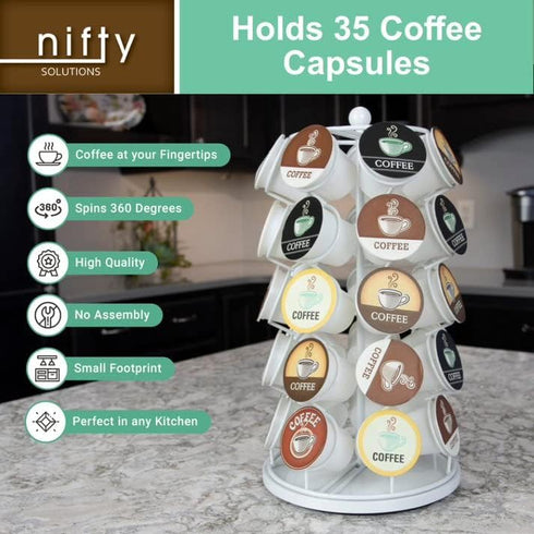 Nifty K Cup Holder for K-Cups, 35 Pod Carousel, 360-Degree Spins, Modern White Kitchen Organizer