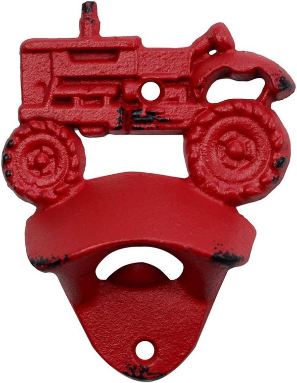 Treasure Gurus Rustic Cast Iron Wall Mount Beer Cap Opener, Red Farm Tractor Design