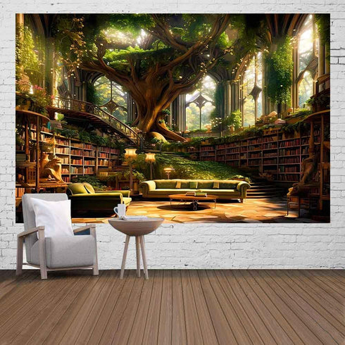 Ine Ive Forest Library Tapestry Mysterious Green Tree Medieval Bookshelf Aesthetic Tapestries
