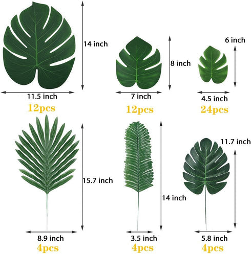 TIETHEKNOT Fake Leaves, 60 Pcs Artificial Tropical Palm Monstera Leaves with Stems for Party Decorations