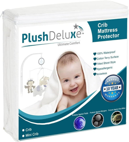 PlushDeluxe Mattress Protector, Waterproof Mattress Cover, Breathable Soft Cotton Terry Surface, Mini-Crib