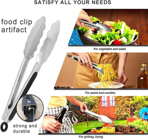 TENTA KITCHEN 9" Stainless Steel Kitchen Tongs, Non-Slip Grip Locking Metal Food Tongs (Set of 3)