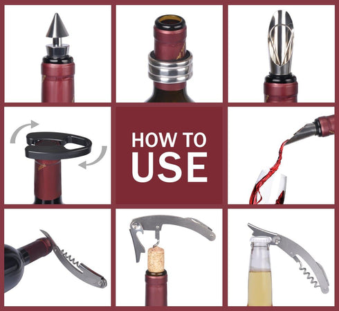 Tirrinia Wine Accessories Gift Set - Corkscrew Opener Kit, Drip Ring, Foil Cutter, Pourer & Stopper in Novelty Bottle