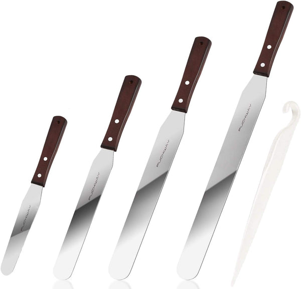 4PCS Cake Decorating Icing Spatula Set, 4, 6, 8 & 10 Inch Stainless Steel Blade, Wood Handle Frosting Tools