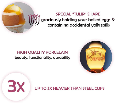 NobleEgg Vintage Style Porcelain Egg Cups for Soft Boiled Eggs with Stainless Steel Spoons