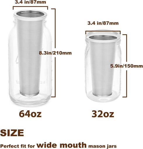 Cold Brew Coffee Filter for 32 OZ Wide Mouth Mason Jar, 304 Stainless Steel Strainer with Seal Ring for Iced Drinks,