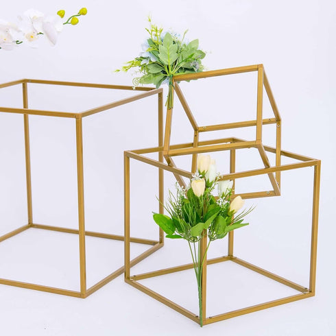 2 Pack 12" Efavormart Square Gold Wedding Flower Stand Metal Column Stand Geometric Cube Vase