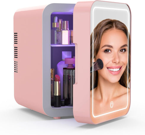 Skincare Makeup Fridge with Dimmable LED Light Mirror, 4L Portable Mini Fridge for Cosmetics, Skin Care