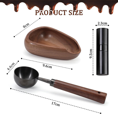 Dazzleimart 3pcs Set Coffee Bean Dosing Cup with Gift Box, Dosing Walnut Wood Cups Stainless Steel Spoon Portable Spray