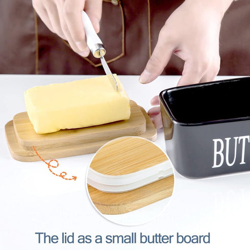 Hasense Butter Dish with Lid, Large Black Ceramic Butter Keeper with Knife for Countertop, Airtight Refrigerator Storage