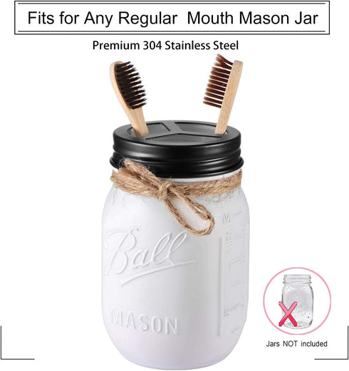 Mason Jar Bathroom Accessories Lids Set (4pcs) - Soap Dispenser, Toothbrush Holder, Apothecary Jars Lids - Black