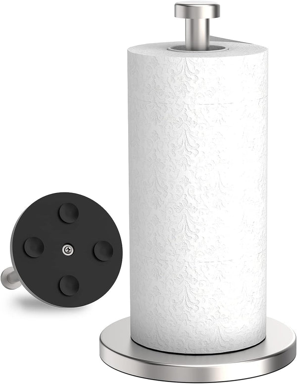 VEHHE Stainless Steel Paper Towel Holder Countertop, Standing Roll Holder with Weighted Base and Suction Cups (Silver)