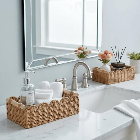 Countertop CubesLand Toilet Paper Storage Organizer Basket, Scalloped Decorative Baskets for Over Toilet Shelves