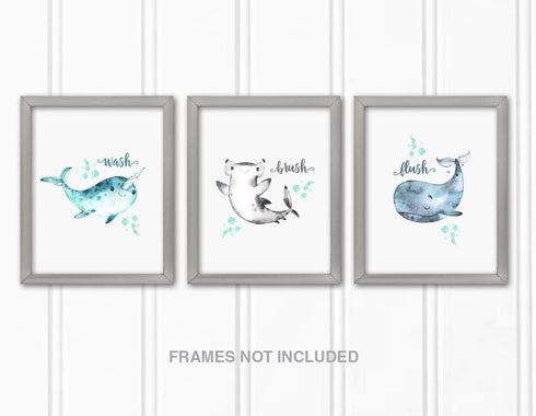 Confetti Fox Kids Bathroom Wall Art Decor, 8x10 Unframed Set of 3 Prints - Sea Animals