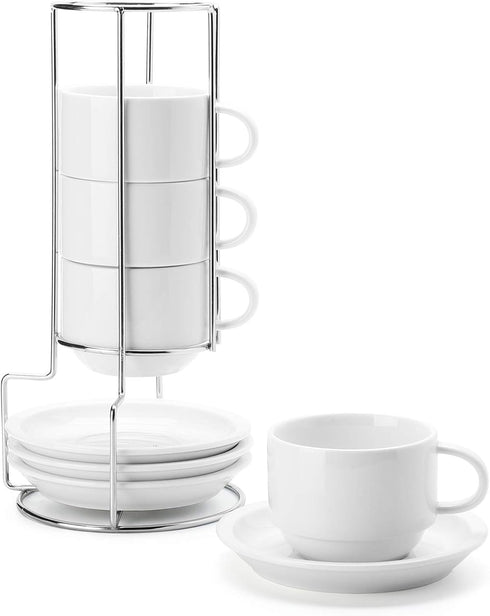 Sweese 8 Ounce Porcelain Stackable Cappuccino Cups with Saucers and Metal Stand, Set of 4 for Specialty Coffee Drinks,