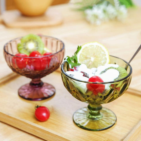 Vintage Line Embossed Glass Footed Dessert Bowl, Ice Cream Bowl, 10 Oz for Home Party