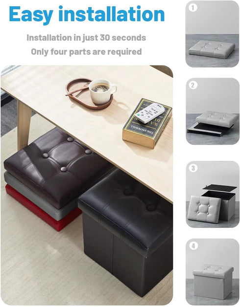 16 inch AmasSmile Storage Ottoman Folding Foot Rest Stool with Side Pocket, Leather Footstool Bench, Short Ottoman