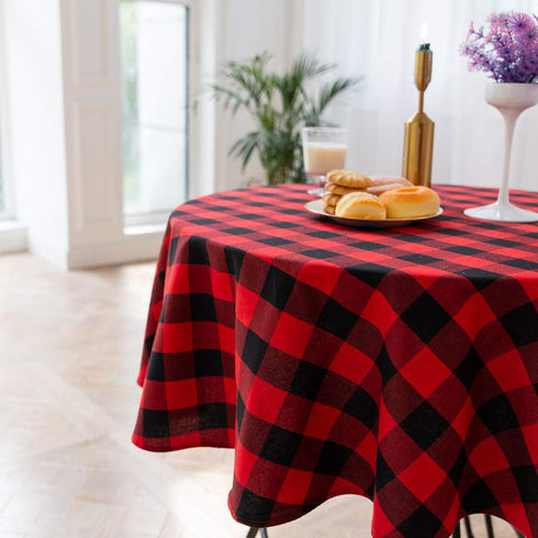 Buffalo Check Christmas Round Tablecloth - Cotton Linen Plaid Cover for 60 Inch Round Table Decoration