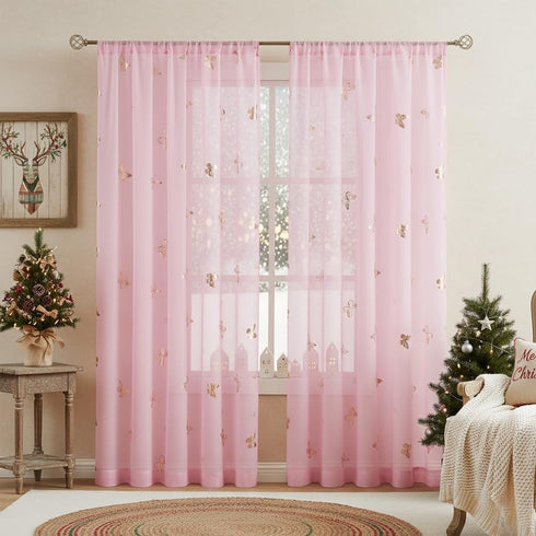 84 Inch Sets, 2 Jubilantex Pink Butterfly Sheer Curtains Gold Print Drapes for Baby Girls Nursery, Kids Bedroom Long