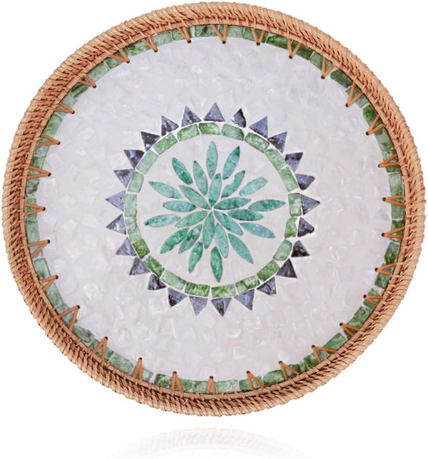 Nonam Shellac Rattan Tray with Mother of Pearl Inlay, Round Decorative Serving Tray