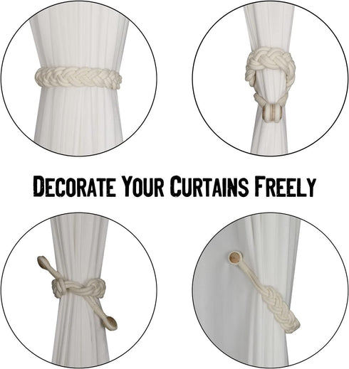 BEL AVENIR Curtain Tiebacks, Magnetic Woven Curtain Holdback Drapery Tie-Back (Ivory Braid-2 Pack)