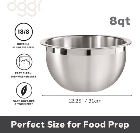 Oggi 5-Quart Two-Tone Stainless Steel Mixing Bowl for Mixing, Making Dough, Dressing Salads, Washing Vegetables
