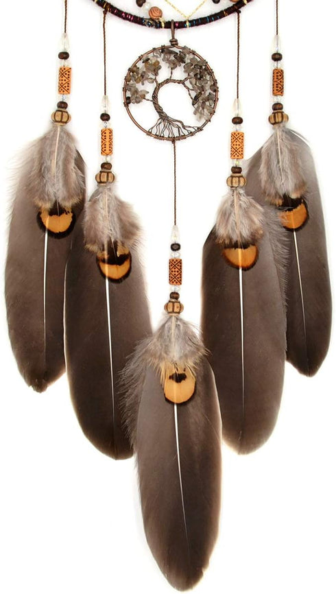 Urdeoms Tree of Life Crystal Dream Catchers for Boys, Brown Boho Wall Decor for Bedroom, Smoky Quartz