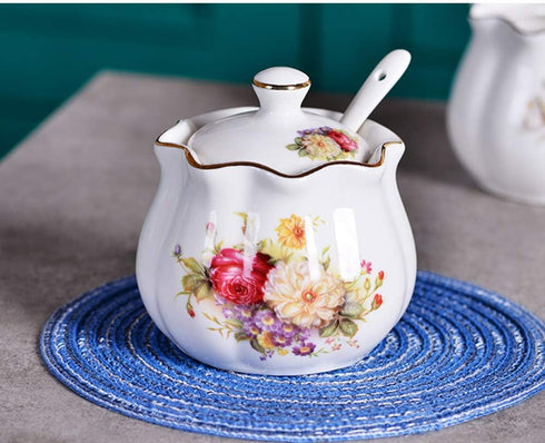 Ceramics Retro Flower Sugar Bowl, Spice Jar Storage Seasoning Pot with Lid and Spoon