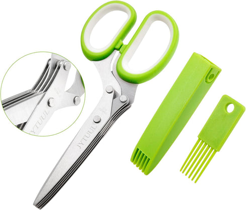 Multipurpose Sharp Kitchen Herb Cutter Shears - Herb Scissors with 5 Stainless Steel Blades, Safety Cover, Cleaning Comb