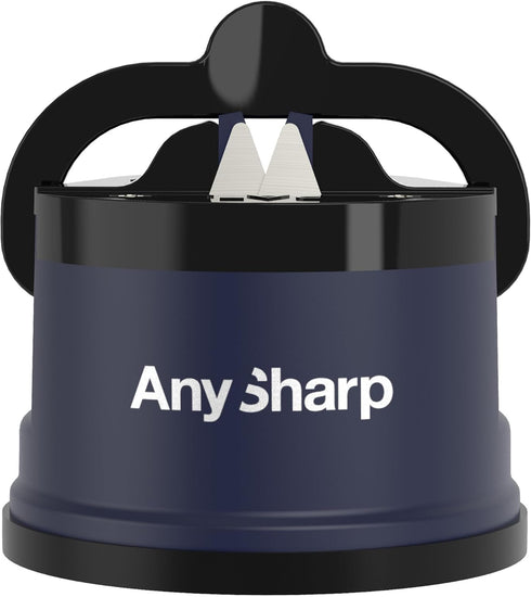 AnySharp Knife Sharpener, Hands-Free Safety, PowerGrip Suction, Compact for All Kitchen Knives, Navy Blue