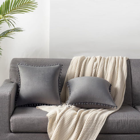 DEZENE Decorative Pillow Cases, 24x24 Light-Grey, 2 Pack Cozy Soft Pom-poms Velvet Square Throw Pillow Covers