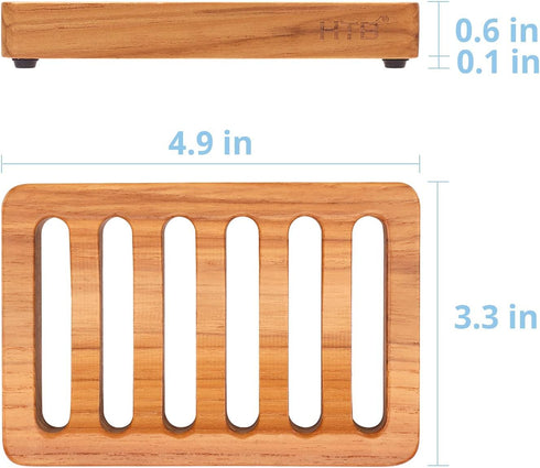 HTB Slotted Soap Dish 2 Pack Teak Wood, Self Draining Kitchen Sponge Holder for Shower, Sink, Bathroom