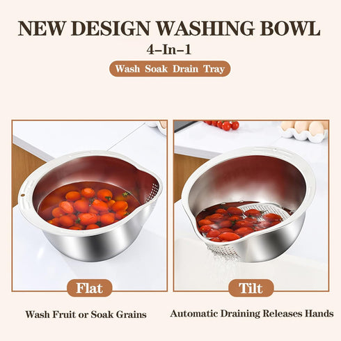 Rice Washer Strainer Bowl: 4-in-1 Washing Bowl for Quinoa, Stainless Steel Rinser for Cleaning Fruits and Vegetables