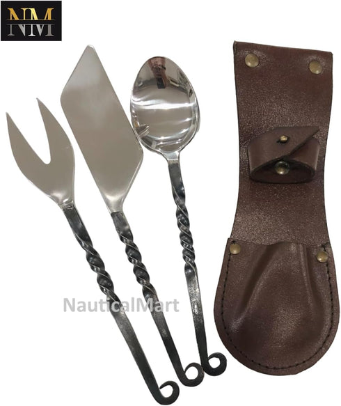 NauticalMart Medieval Feasting Set, 3 Pieces Cutlery Knife, Fork, Spoon with Leather Case