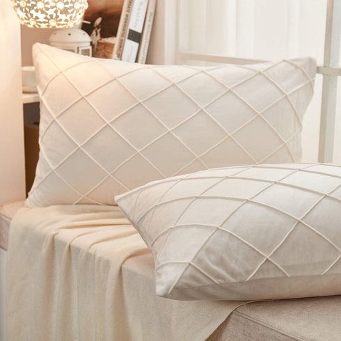 JAUXIO Diamond Pinch Pleated Crystal Velvet Pillowcases - 2 Pack Solid Pintuck Throw Cushion Cover with Hidden Zipper