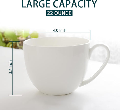 22 OZ Set 2 White Bone China Soup Mugs with Handles, Large Ceramic Coffee Mugs of for Hot Chocolate Cocoa Cereal Salads