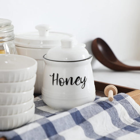 Set 12oz,Easy HAOTOP Farmhouse Porcelain Honey Jar with Dipper and Lid to Clean (White)