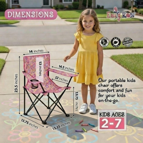 27 Emily Rose Kids Folding Beach Camp Chair with Cup Holder, Safety Lock & Matching Carry Case (Playful Hearts) Toddler